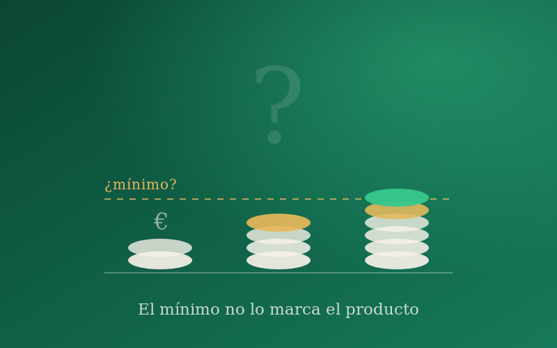 Tres montones de monedas de distinta altura junto a una línea discontinua de mínimo