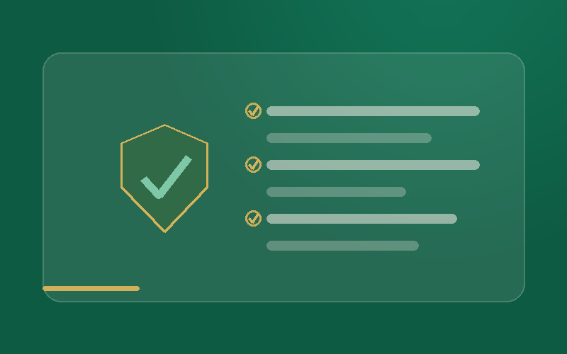 Escudo con marca de verificación junto a un listado de registro validado