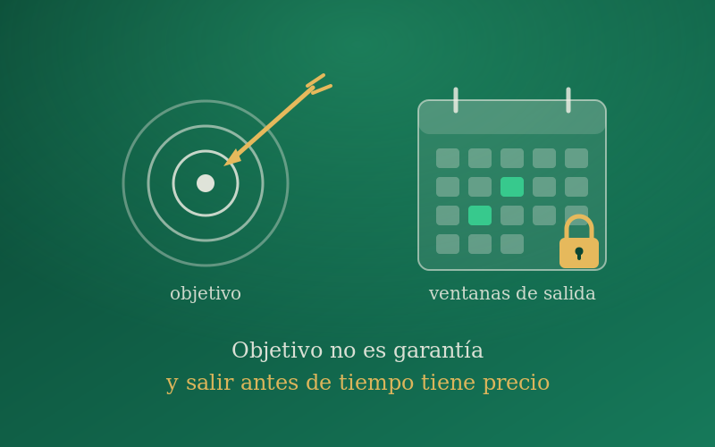 Diana cunha frecha que non dá no centro xunto a un calendario con dúas datas marcadas e un cadeado